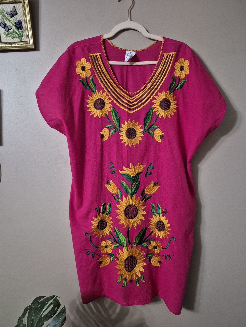 Embroidered Sunflower Mexican Midi Dress - Fuchsia